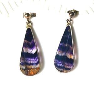 Vintage Boho Rare Sterling Silver Blue John Gemstone Purple Drop Dangle Earrings